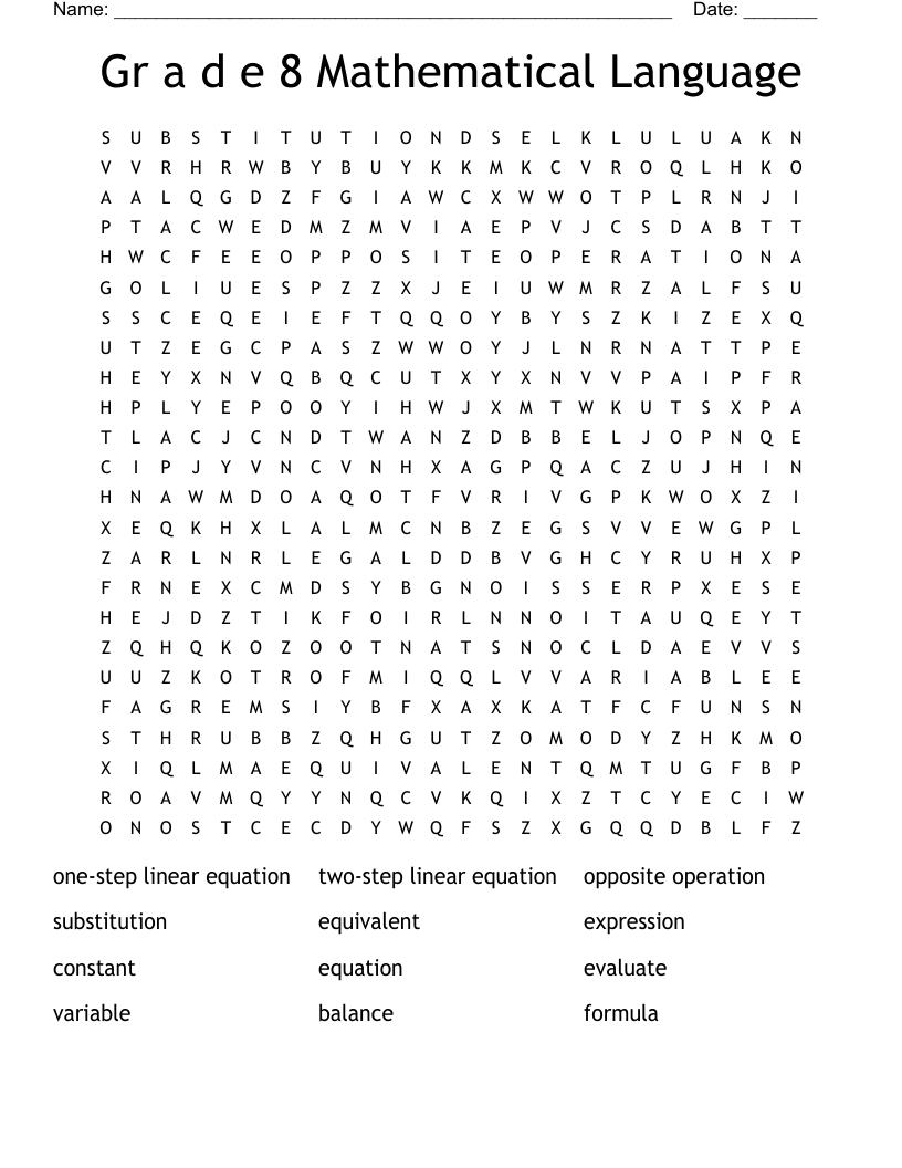 Gr a d e 8  Mathematical Language Word Search