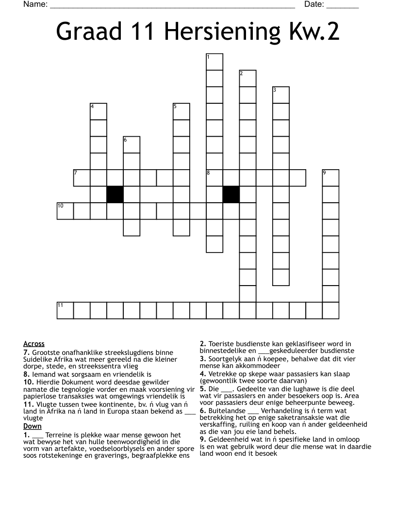 Graad 11 Hersiening Kw.2 Crossword
