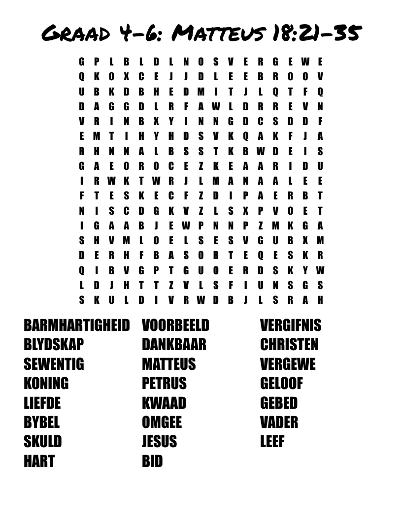 Graad 4-6: Matteus 18:21-35 Word Search