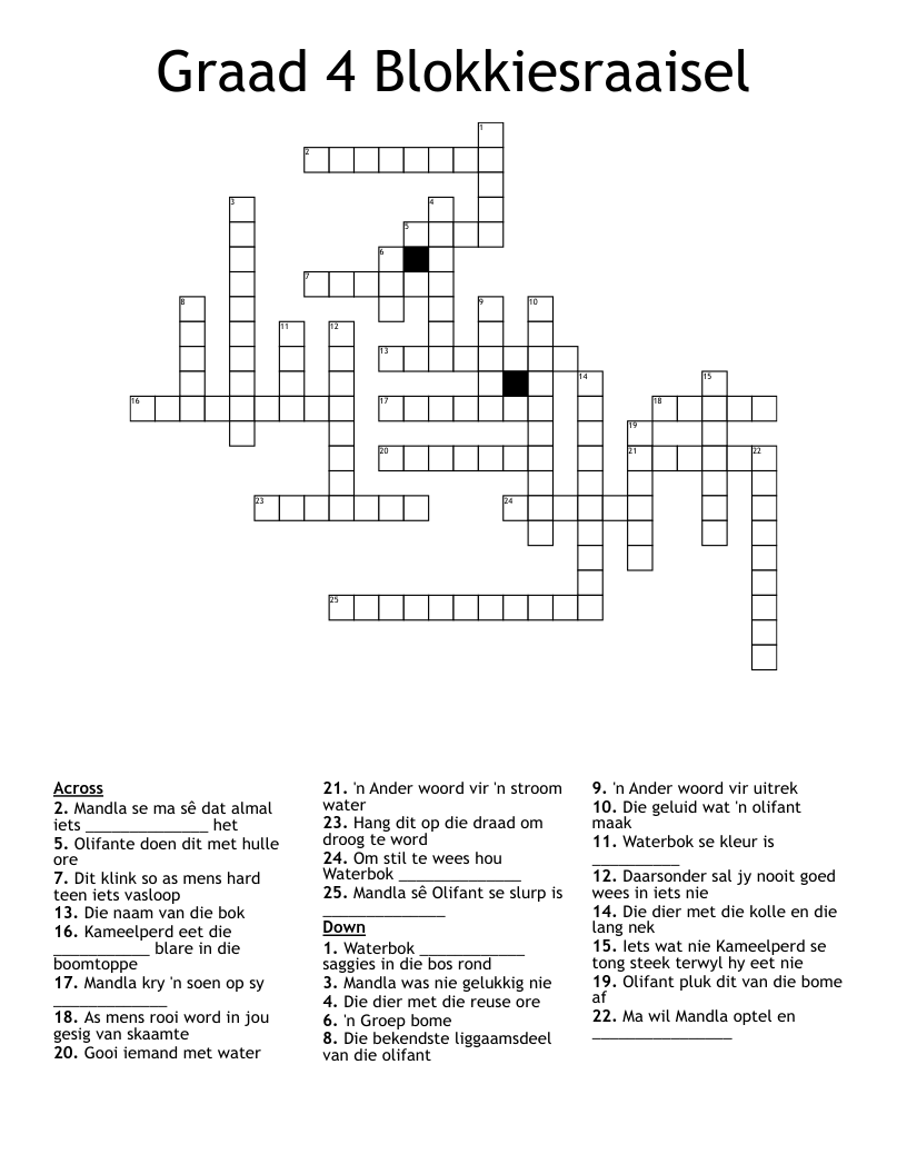 Graad 4 Blokkiesraaisel Crossword