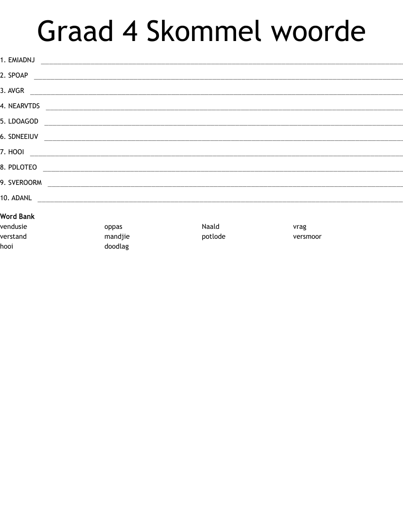 Graad 4 Skommel woorde Word Scramble