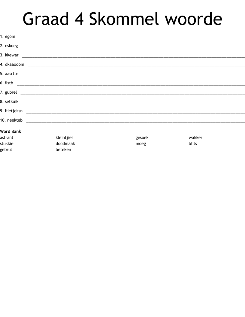 Graad 4 Skommel woorde Word Scramble
