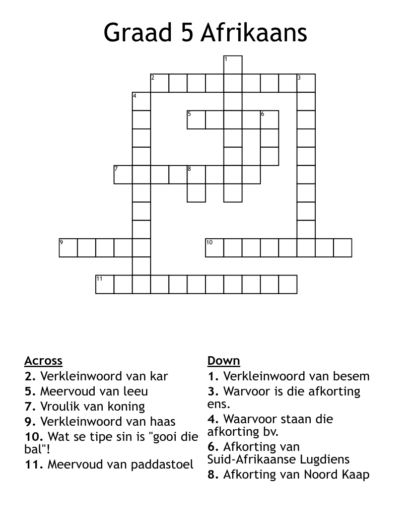 Graad 5 Afrikaans Crossword