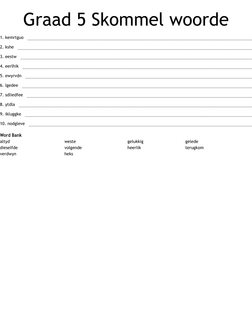 Graad 5 Skommel woorde Word Scramble