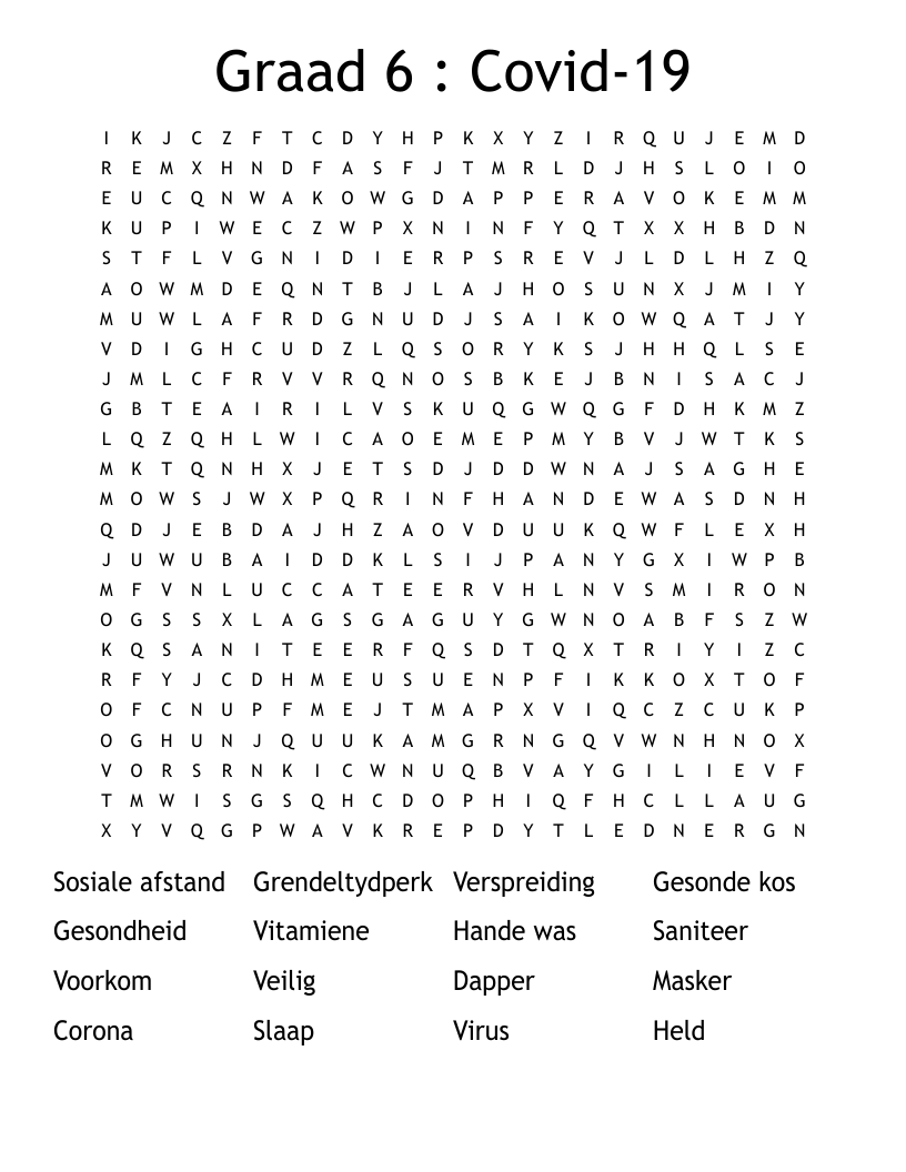 Graad 6 : Covid-19  Word Search