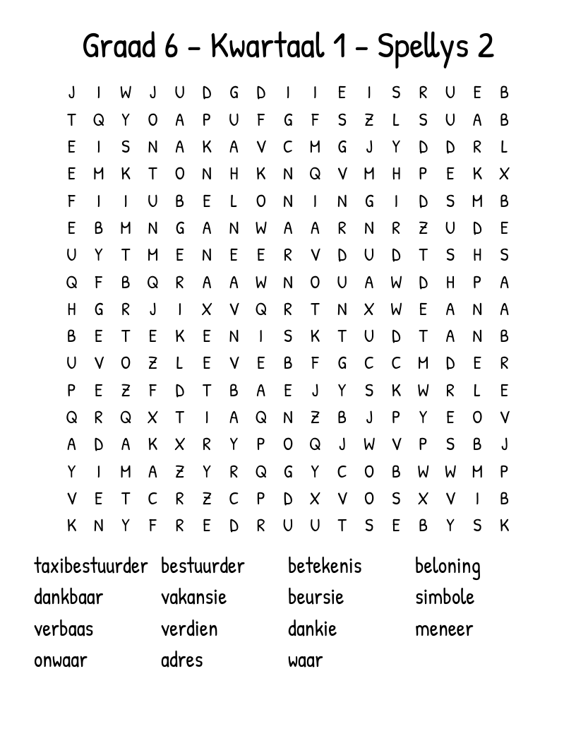 Graad 6 - Kwartaal 1 - Spellys 2 Word Search