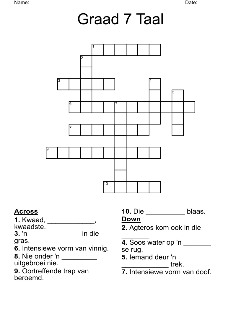 Graad 7 Taal Crossword