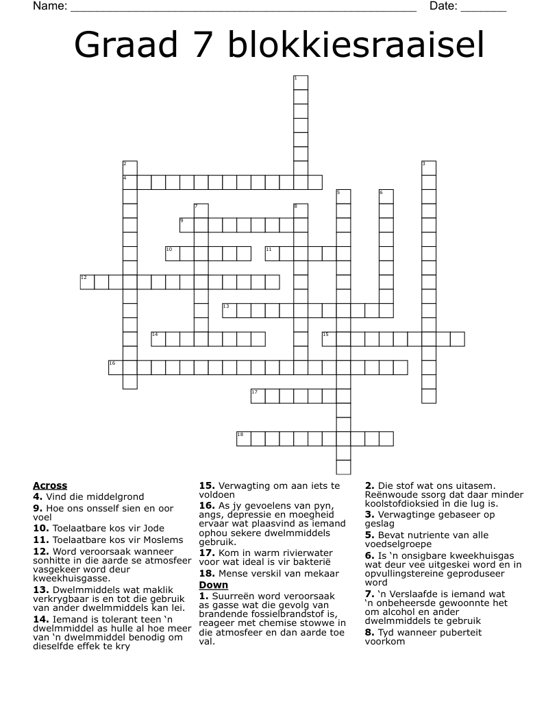 Graad 7 blokkiesraaisel Crossword