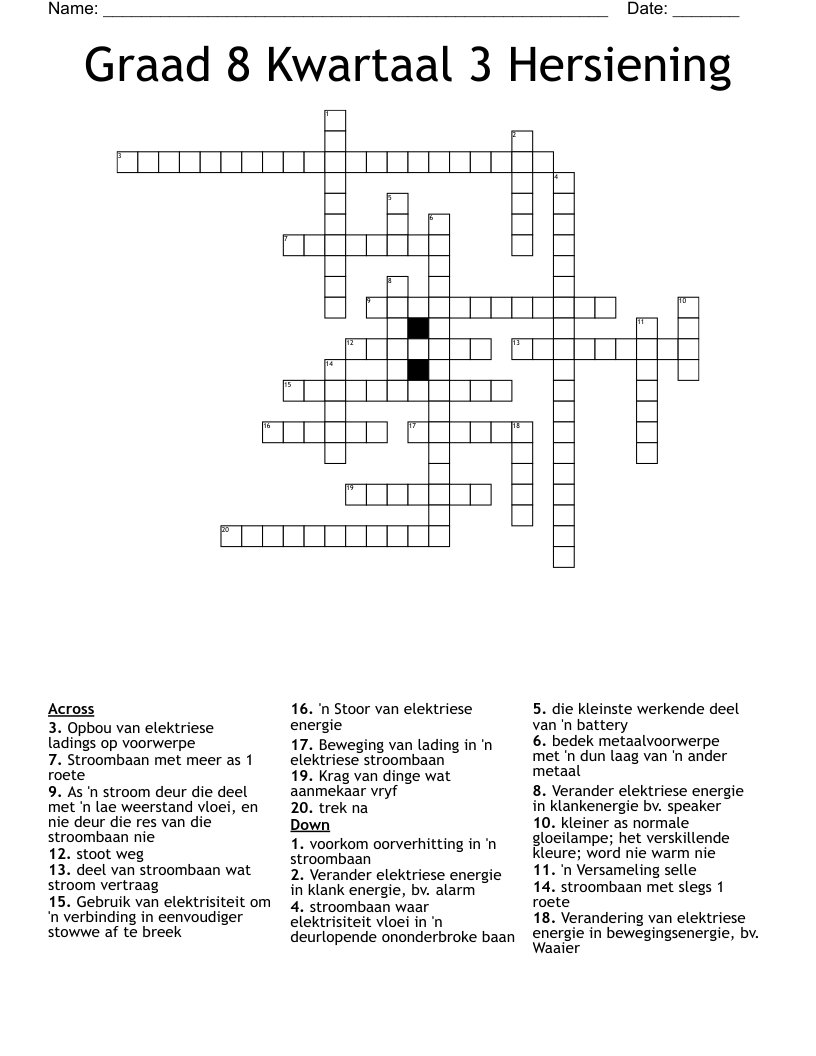 Graad 8 Kwartaal 3 Hersiening Crossword