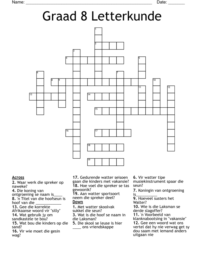 Graad 8 Letterkunde  Crossword