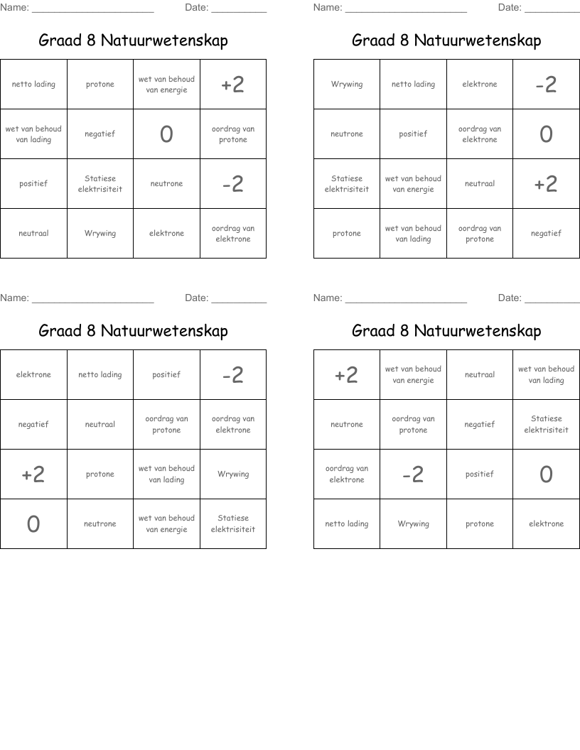 Graad 8 Natuurwetenskap Bingo Cards