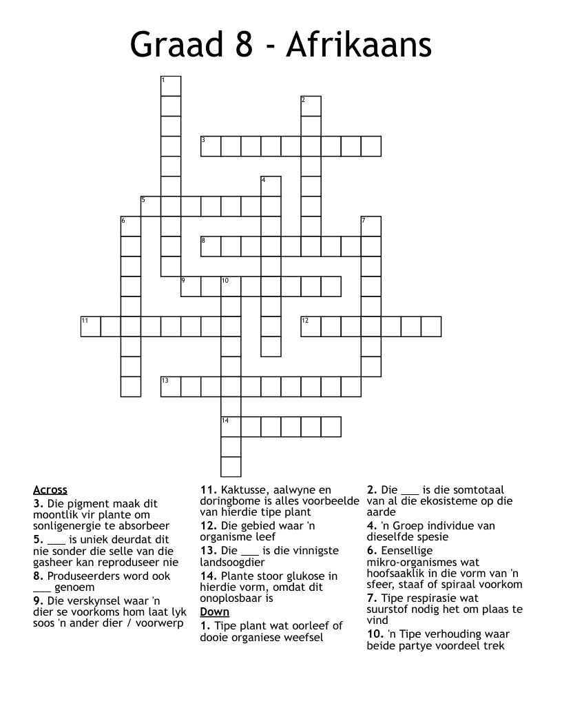 Graad 8 - Afrikaans Crossword