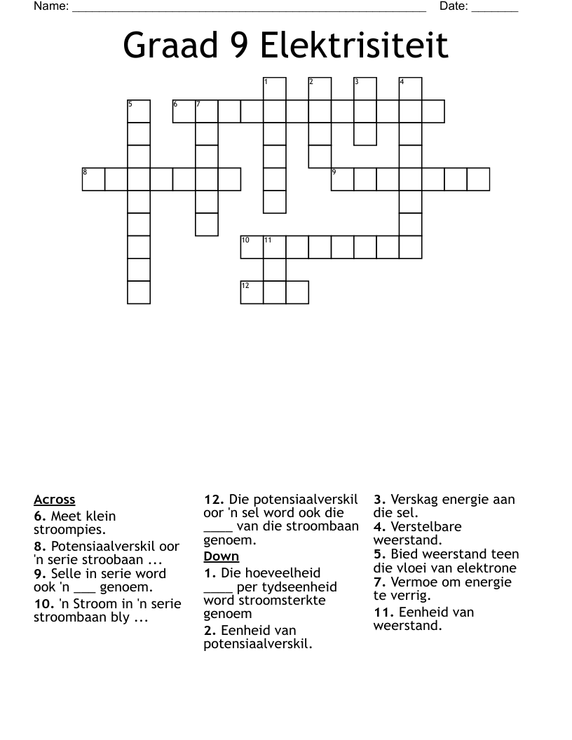 Graad 9 Elektrisiteit Crossword