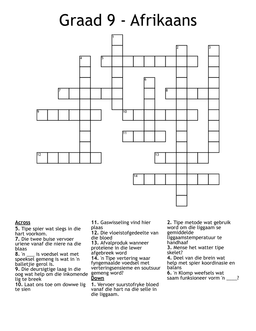 Graad 9 - Afrikaans Crossword