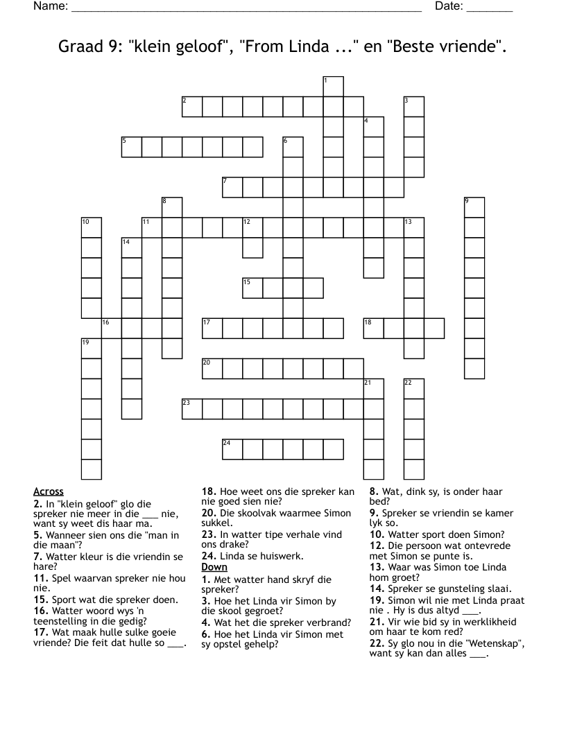 Graad 9: "klein geloof", "From Linda ..." en "Beste vriende". Crossword