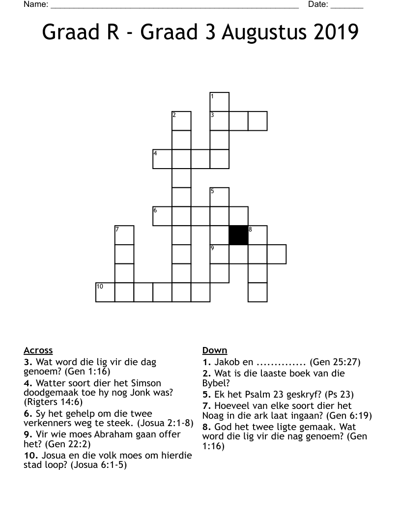 Graad R - Graad 3 Augustus 2019 Crossword