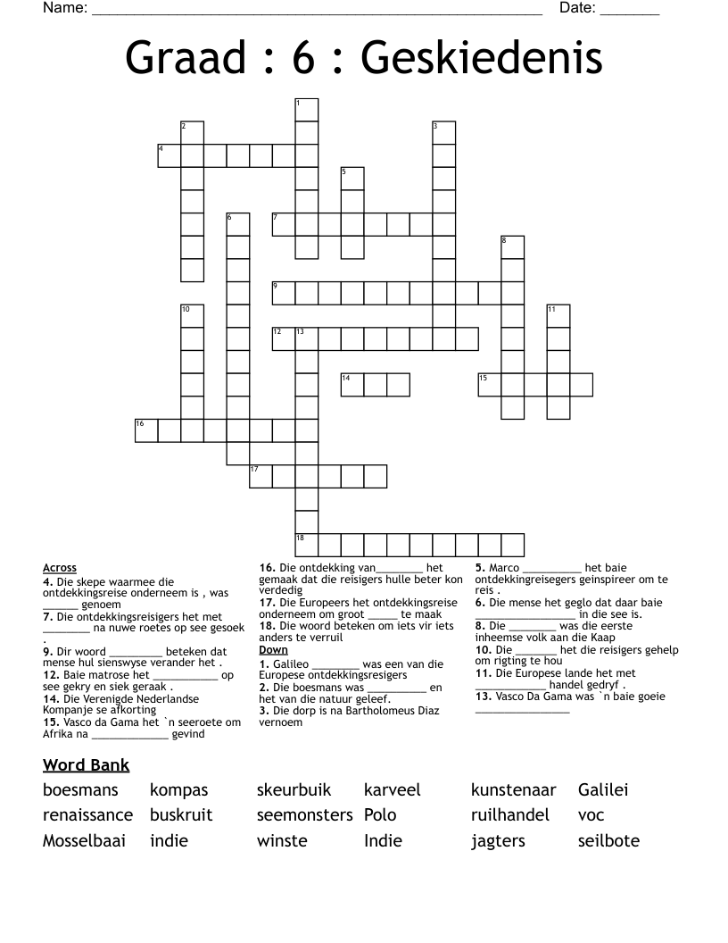 Graad : 6 : Geskiedenis  Crossword