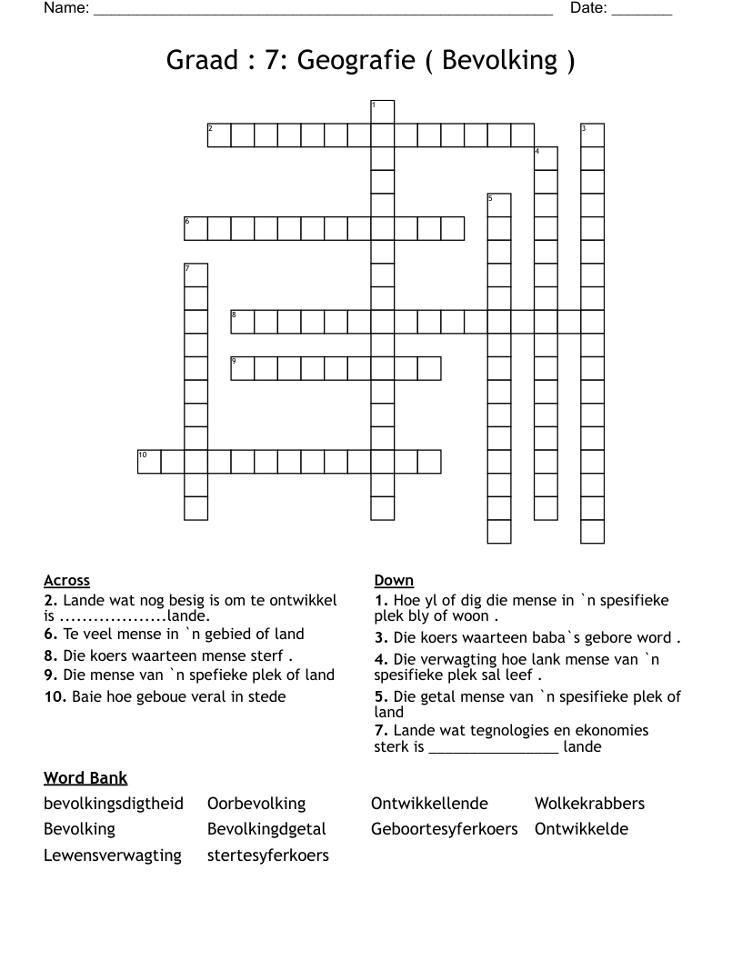 Graad : 7:                       Geografie ( Bevolking ) Crossword
