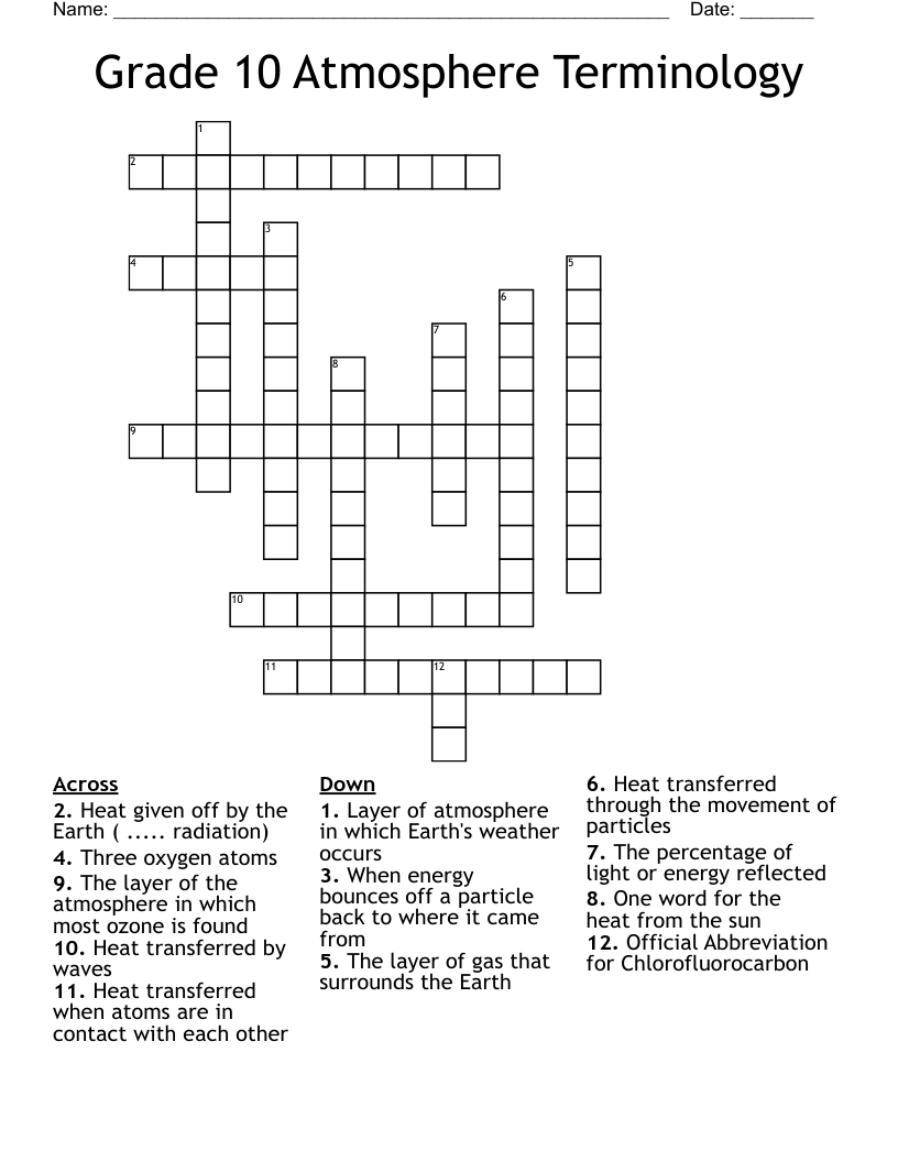 Grade 10 Atmosphere Terminology Crossword