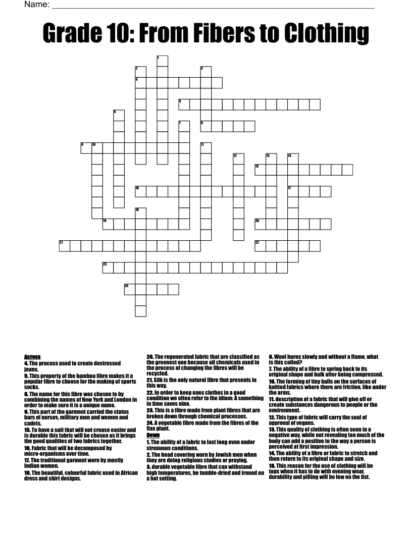 Grade 10: From Fibers to Clothing Crossword