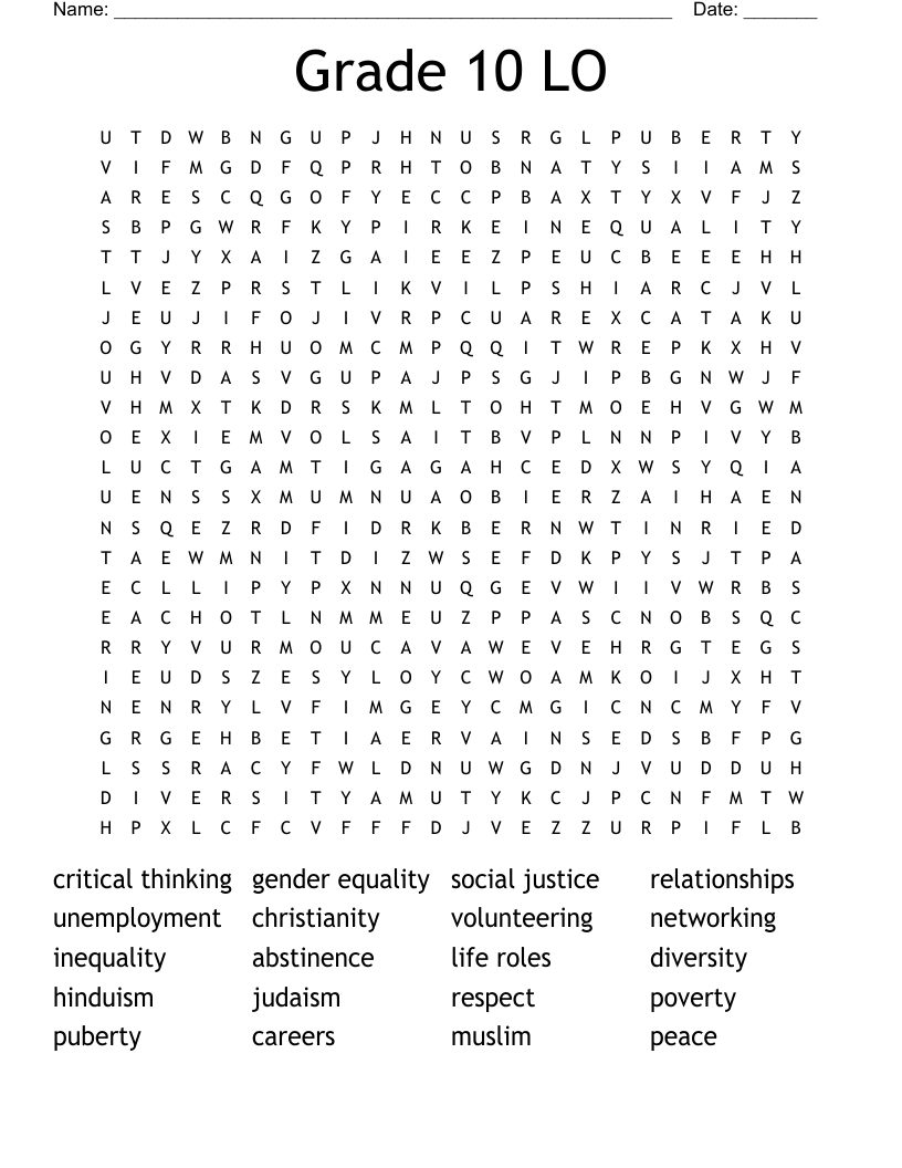 Grade 10 LO Word Search