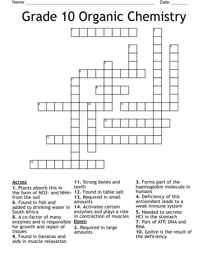 Grade 10 Organic Chemistry Crossword
