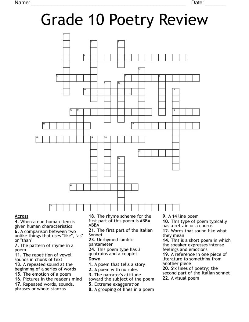 Grade 10 Poetry Review Crossword