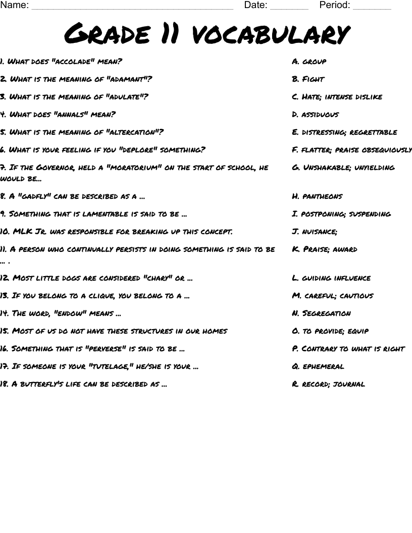 Grade 11 vocabulary Worksheet