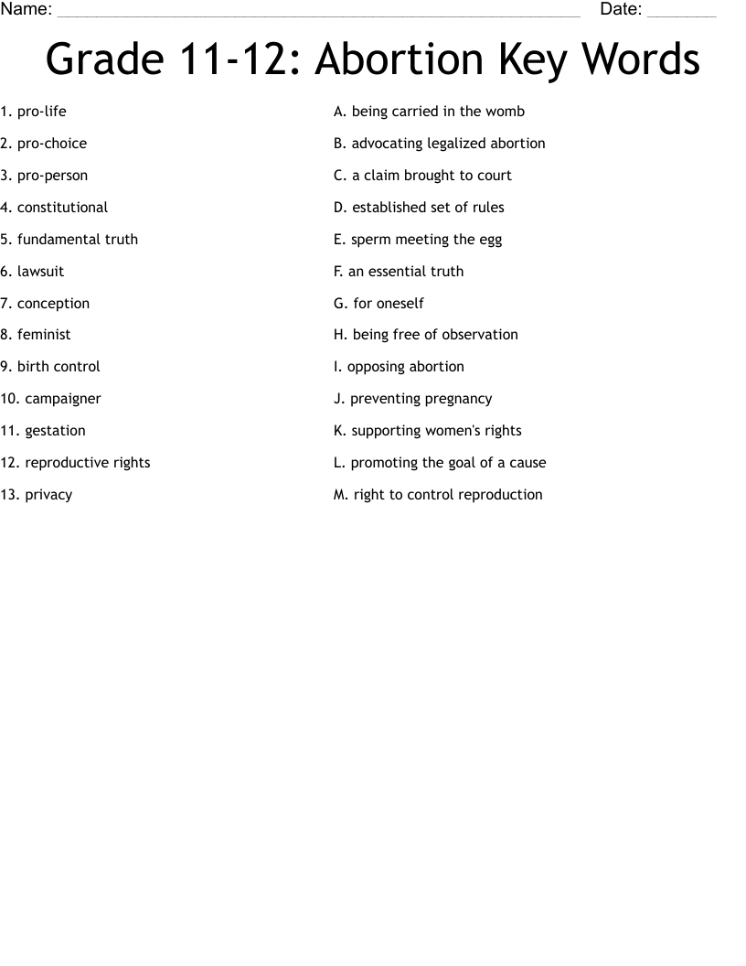 Grade 11-12: Abortion Key Words  Worksheet