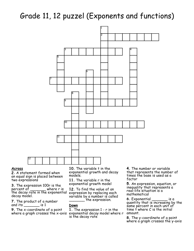 Grade 11, 12 puzzel (Exponents and functions) Crossword