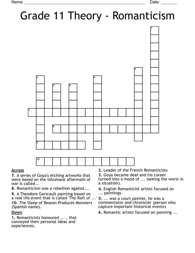 Grade 11 Theory - Romanticism Crossword