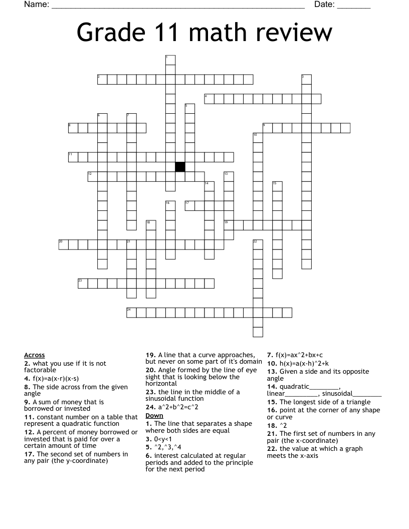 Grade 11 math review  Crossword