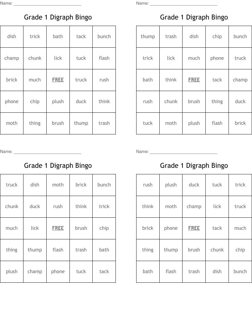 Grade 1 Digraph Bingo