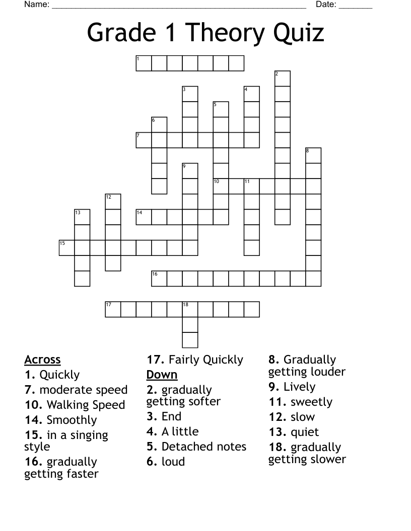 Grade 1 Theory Quiz Crossword