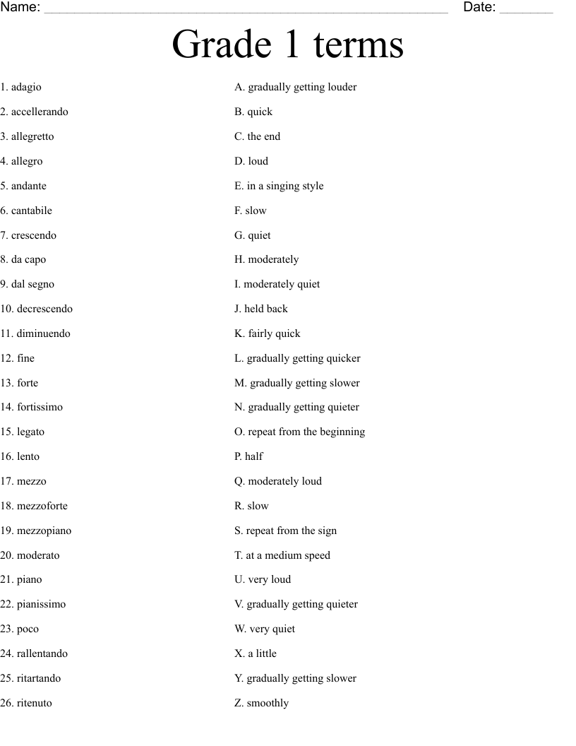 Grade 1 terms Worksheet