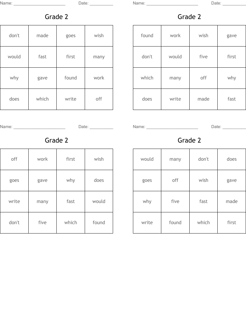 Grade 2 Bingo Cards