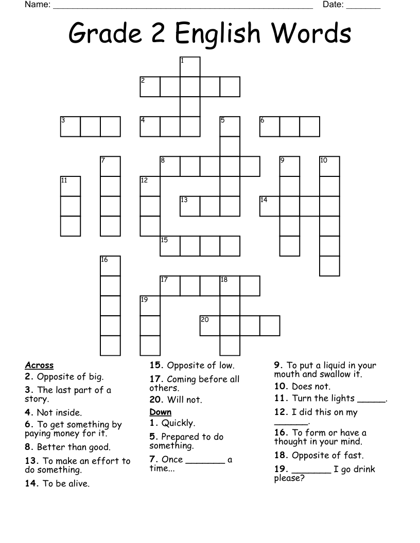 Grade 2 English Words Crossword