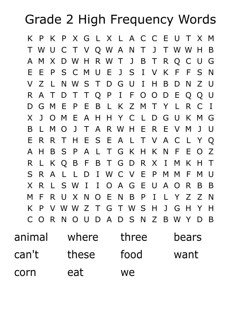 Grade 2 High Frequency Words Word Search
