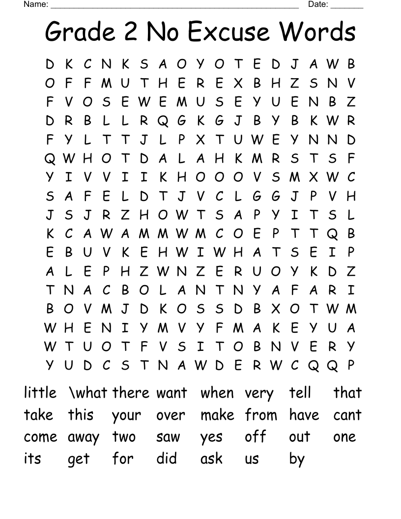 Grade 2 No Excuse Words Word Search