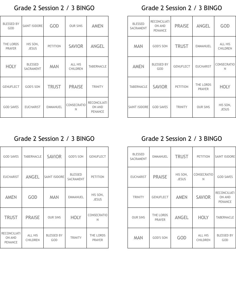 Grade 2 Session 2 / 3 BINGO