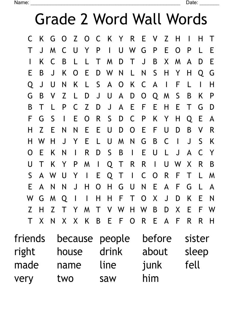 Grade 2 Word Wall Words Word Search