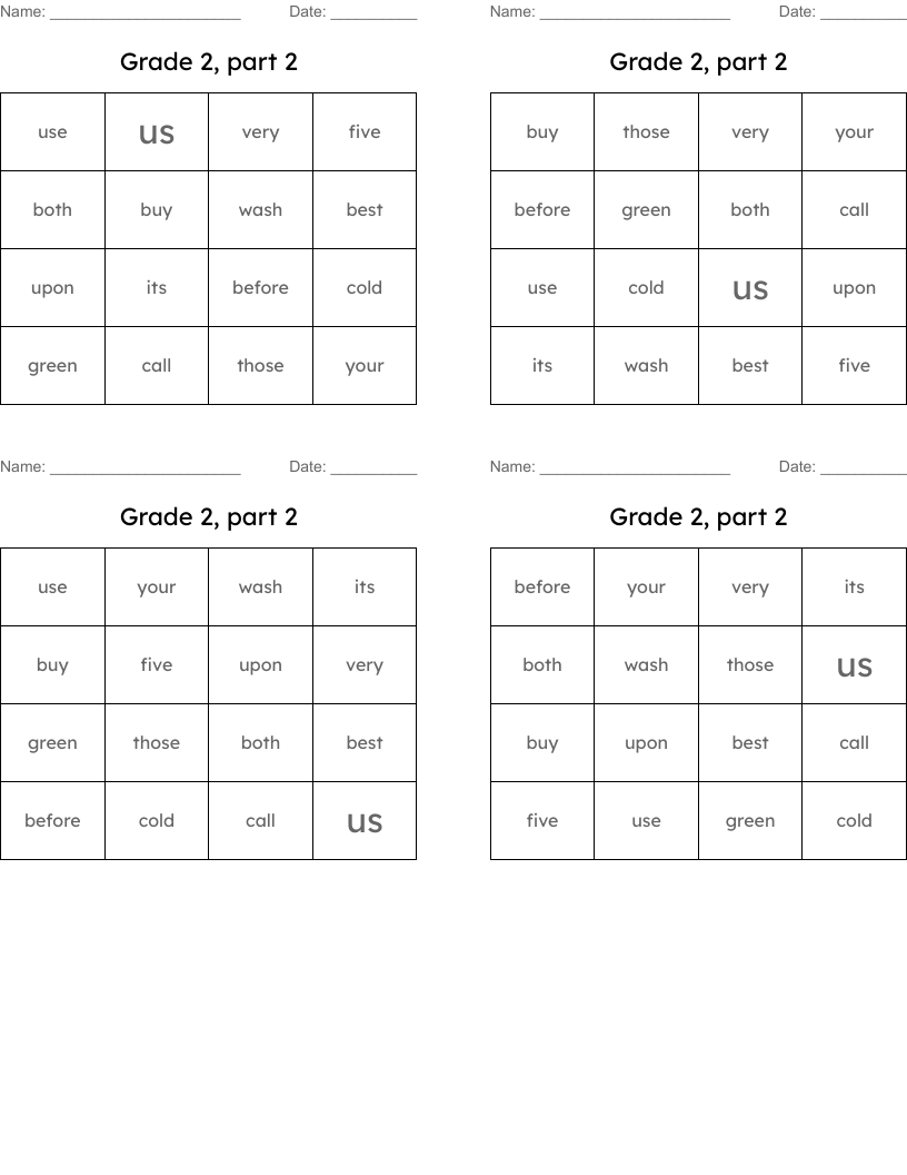 Grade 2, part 2 Bingo Cards
