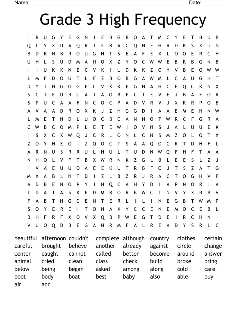 Grade 3 High Frequency Word Search