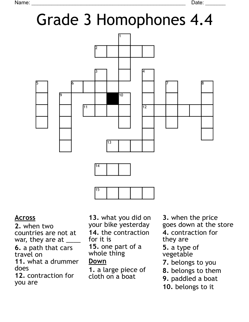 Grade 3 Homophones 4.4 Crossword