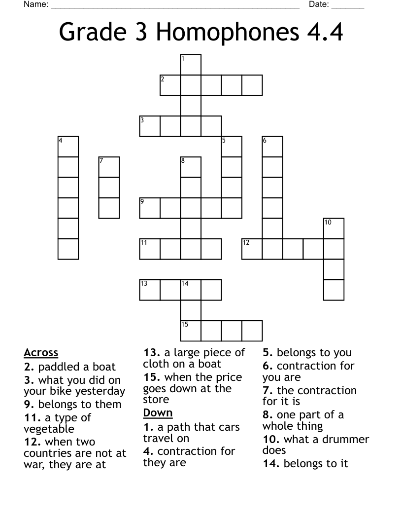 Grade 3 Homophones 4.4 Crossword