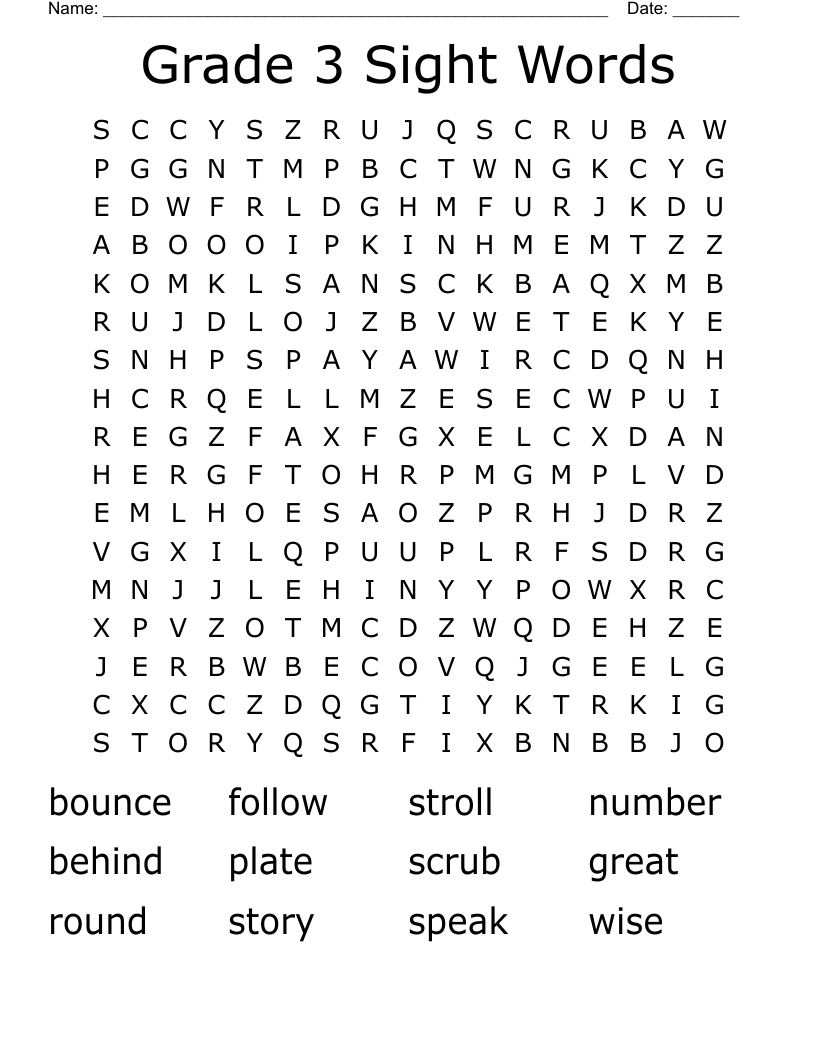 Grade 3 Sight Words Word Search