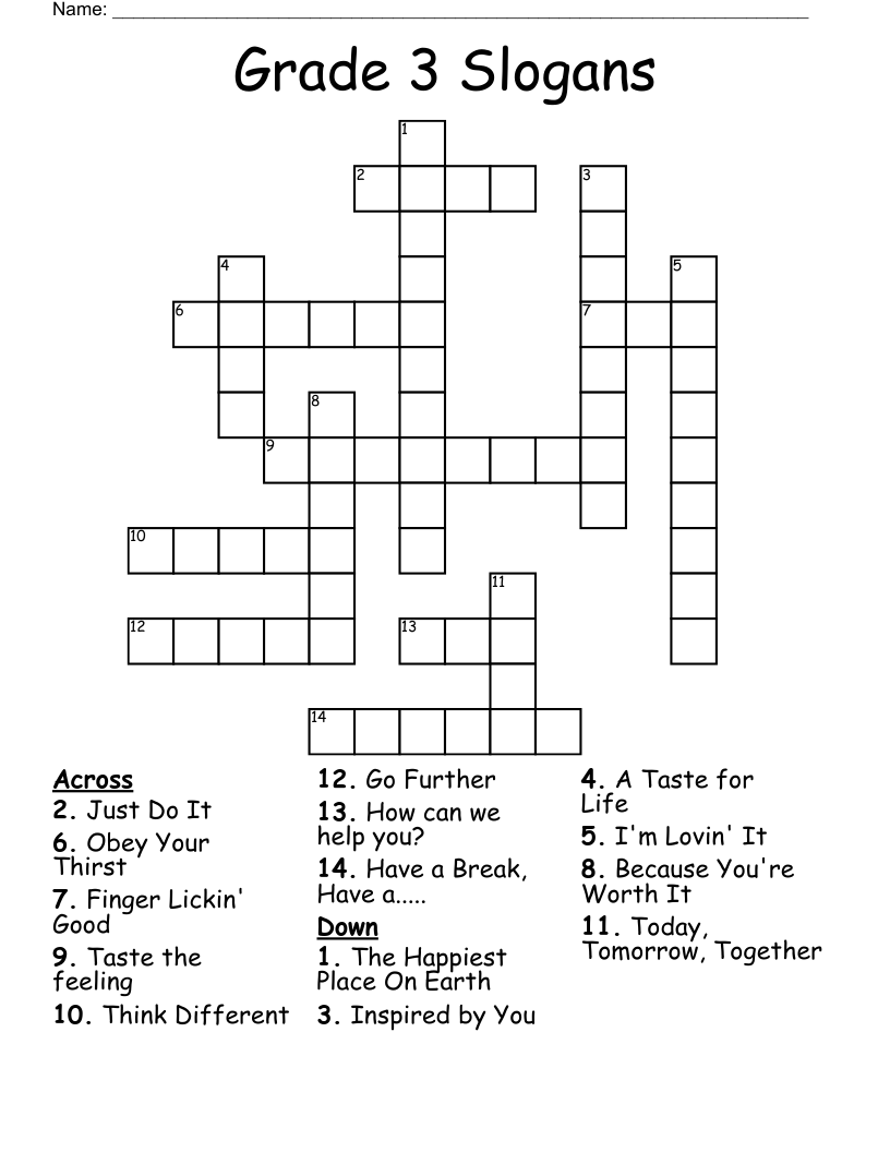 Grade 3 Slogans Crossword