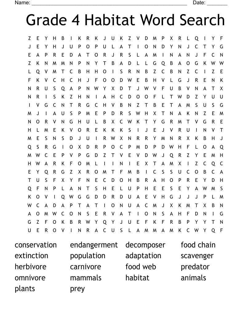Grade 4 Habitat Word Search