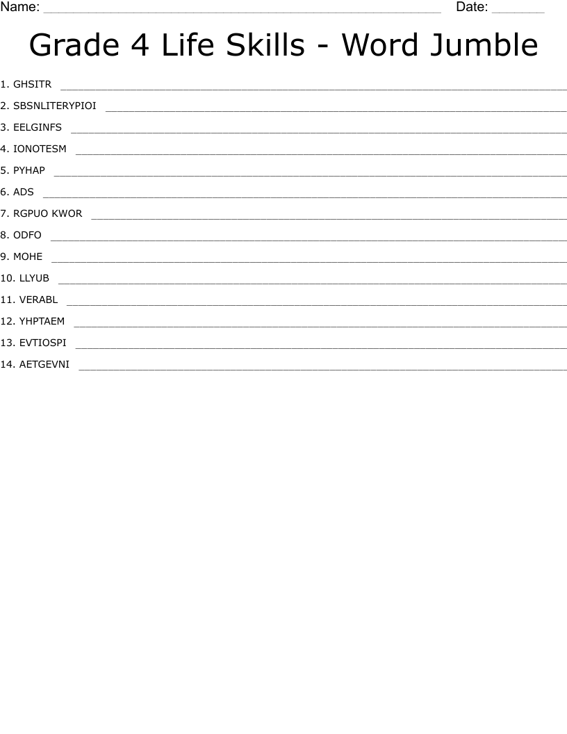 Grade 4 Life Skills - Word Jumble Word Scramble