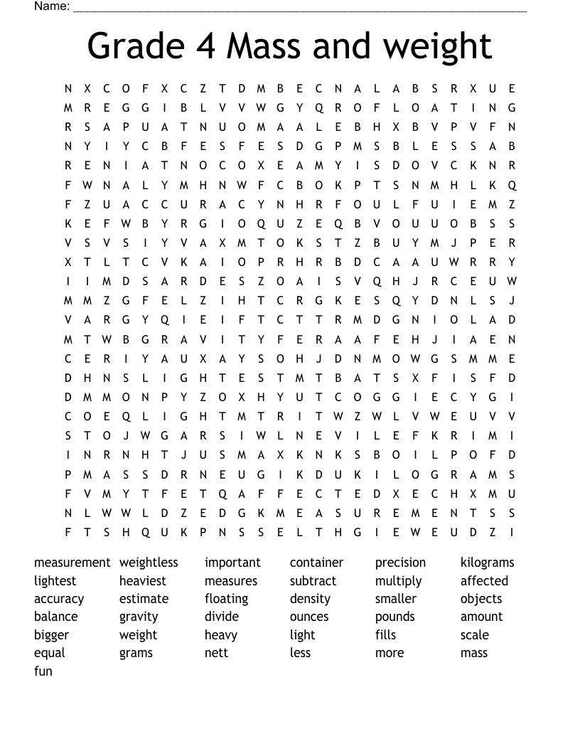 Grade 4 Mass and weight Word Search